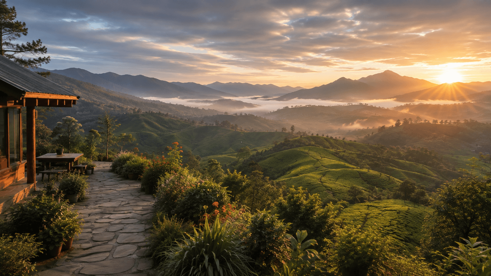 A mountain home and garden overlooking the misty Kanthalloor hills at sunrise